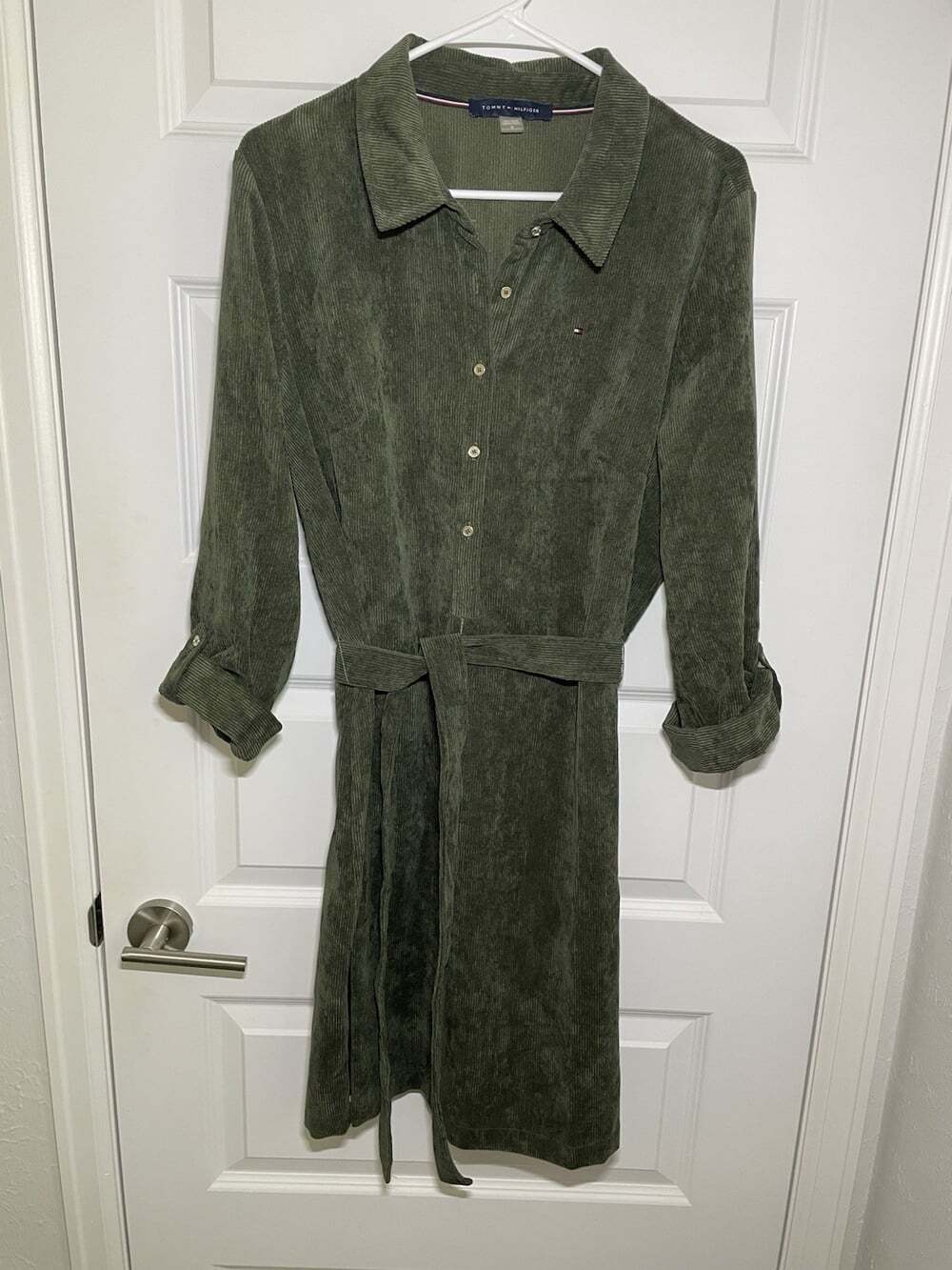 Tommy Hilfiger Corduroy Shirt Dress Womens 14 Olive Green Fall Color Belt Button